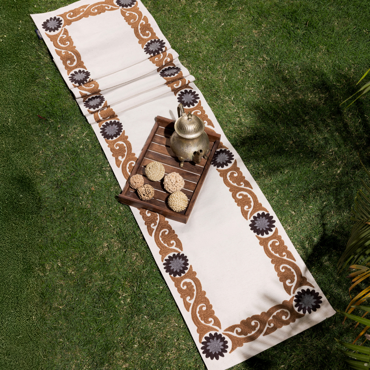 Suzani Style Crewel Embroidered Brown and Grey Tashkent Table Runner