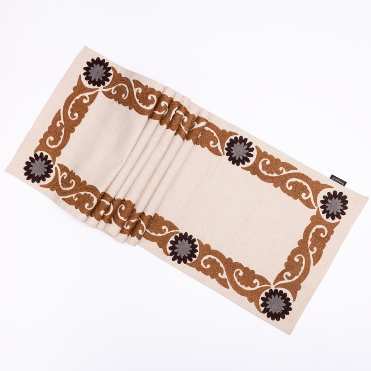 Suzani Style Crewel Embroidered Brown and Grey Tashkent Table Runner