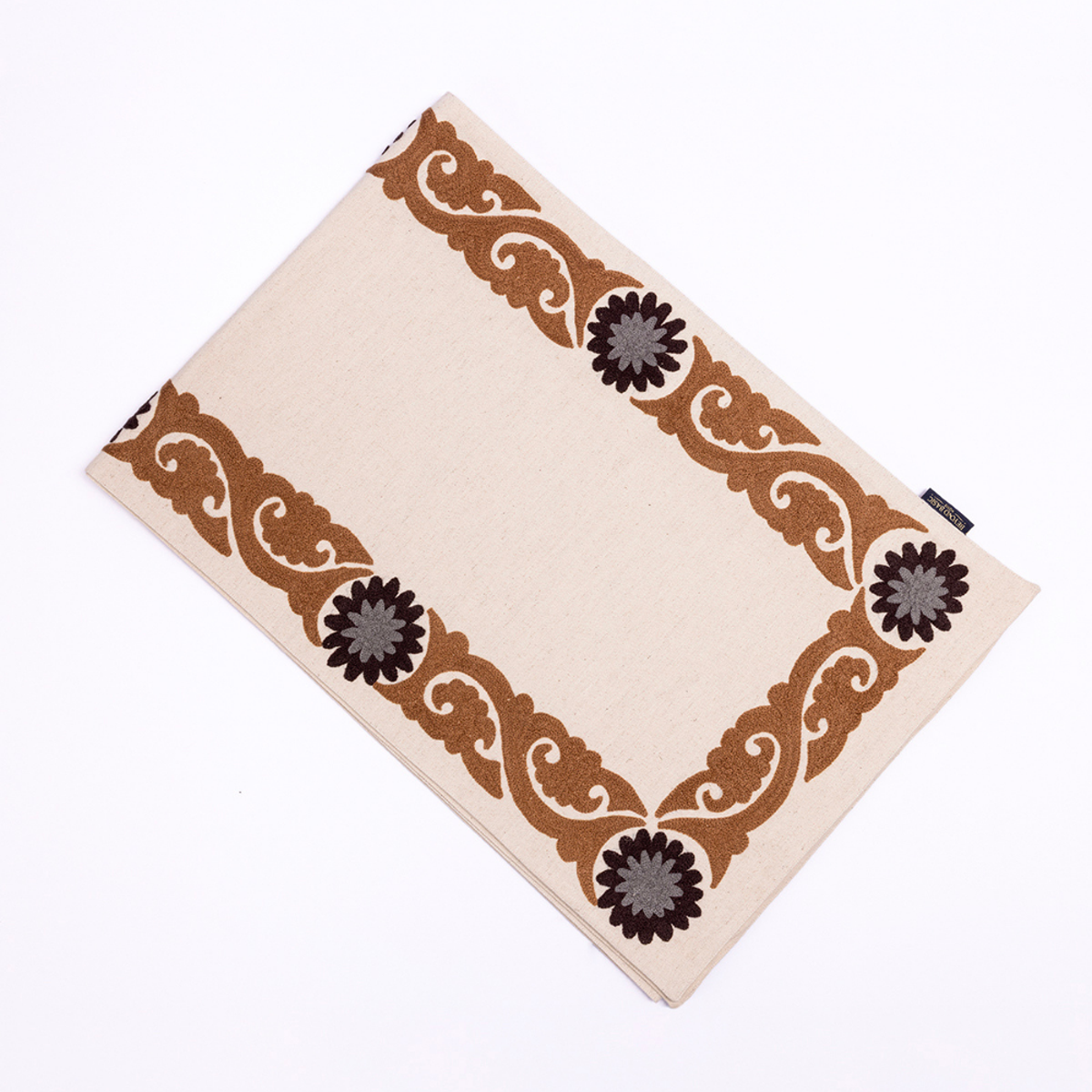 Suzani Style Crewel Embroidered Brown and Grey Tashkent Table Runner