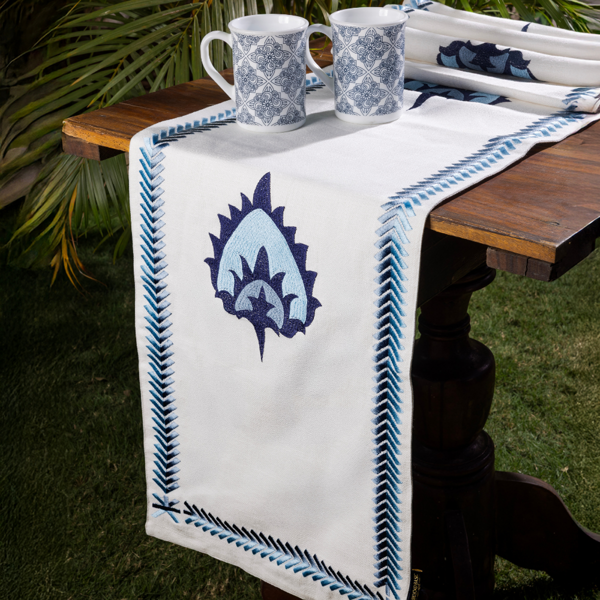 Hamptons Style Multi Embroidered Blue Paisley Table Runner