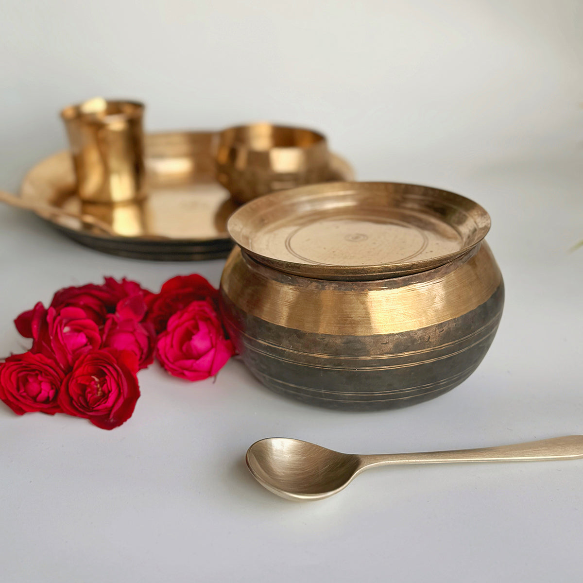 Bronze Serving Bowl Set | Kansa Handi with Ladle | Gold