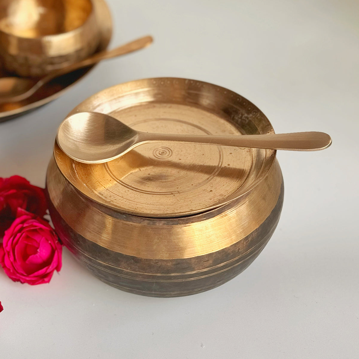 Bronze Serving Bowl Set | Kansa Handi with Ladle | Gold