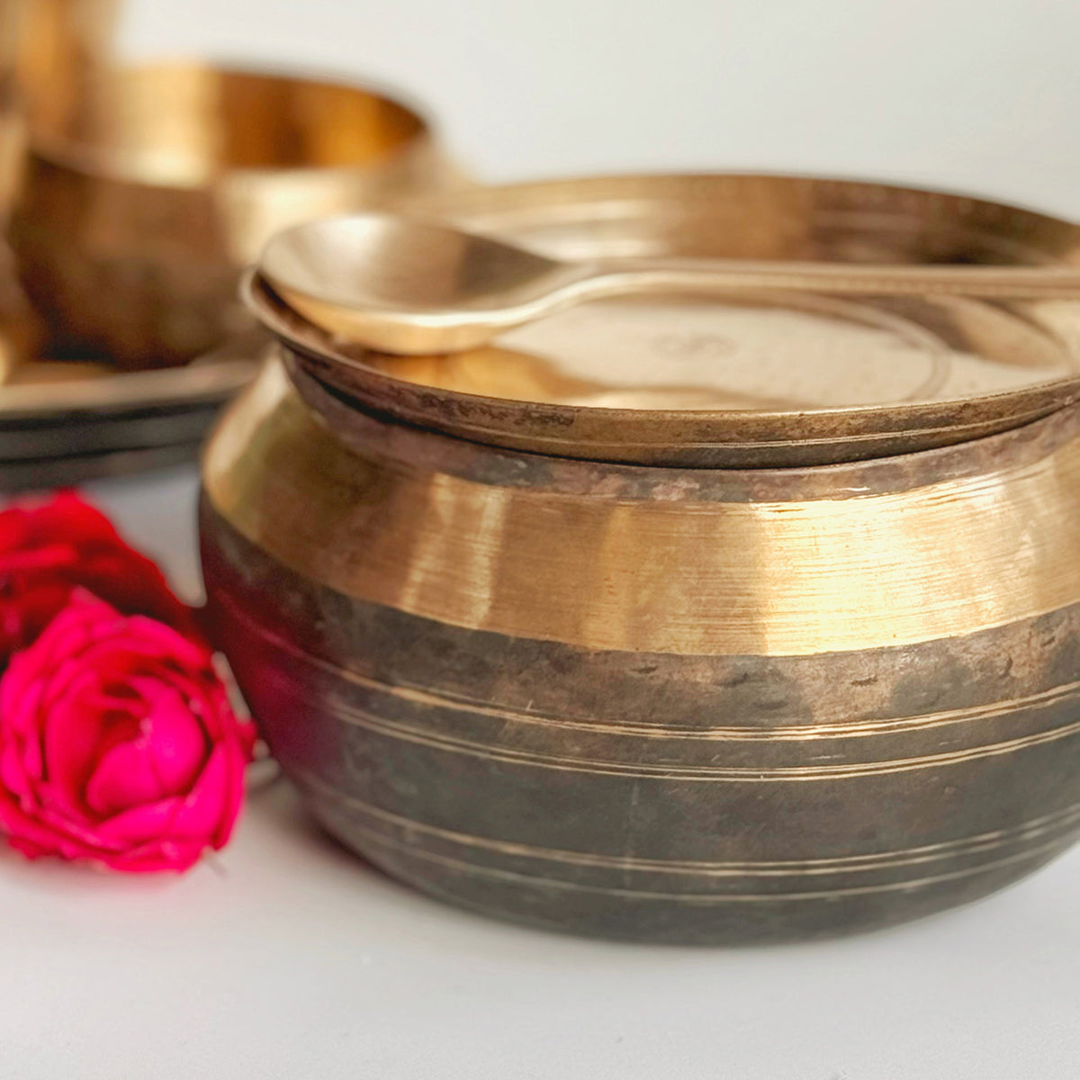 Bronze Serving Bowl Set | Kansa Handi with Ladle | Gold