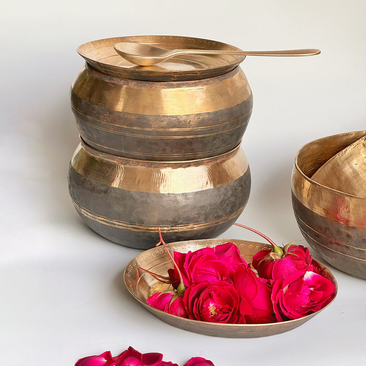 Bronze Serving Bowl Set | Kansa Handi with Ladle | Gold