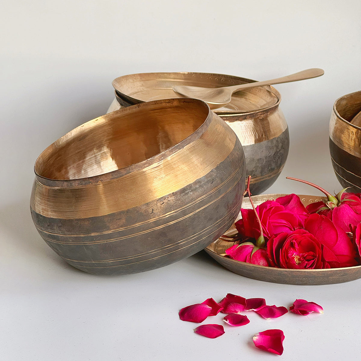 Bronze Serving Bowl Set | Kansa Handi with Ladle | Gold
