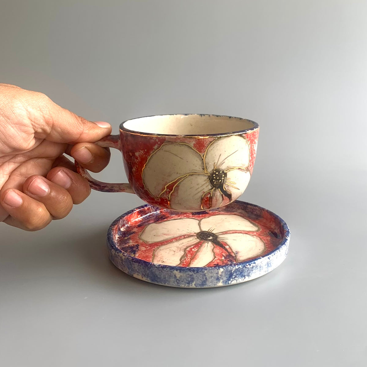 Lily Cup And Saucer (Dark) - Blue & Red Set Of 2