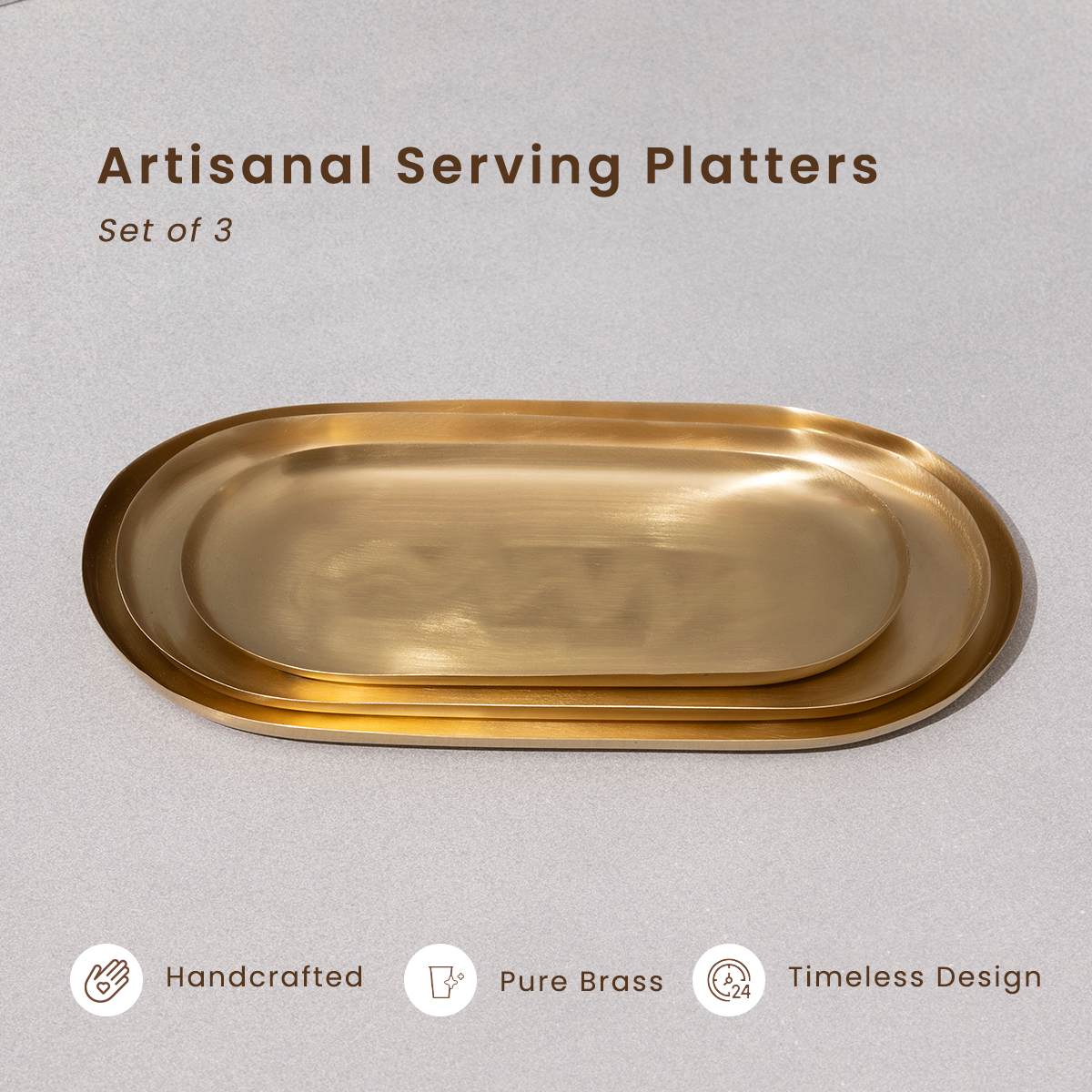 Brass Platters | Set of 3 | Handcrafted | Serving Tray Sets | Gift Box