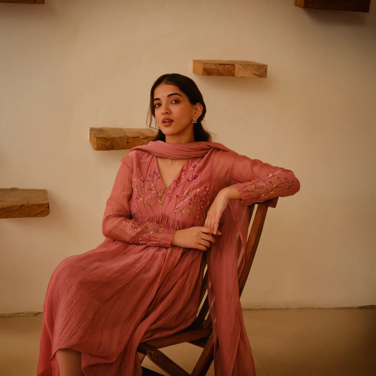 Mauve Hand Embroidered Chanderi Dupatta