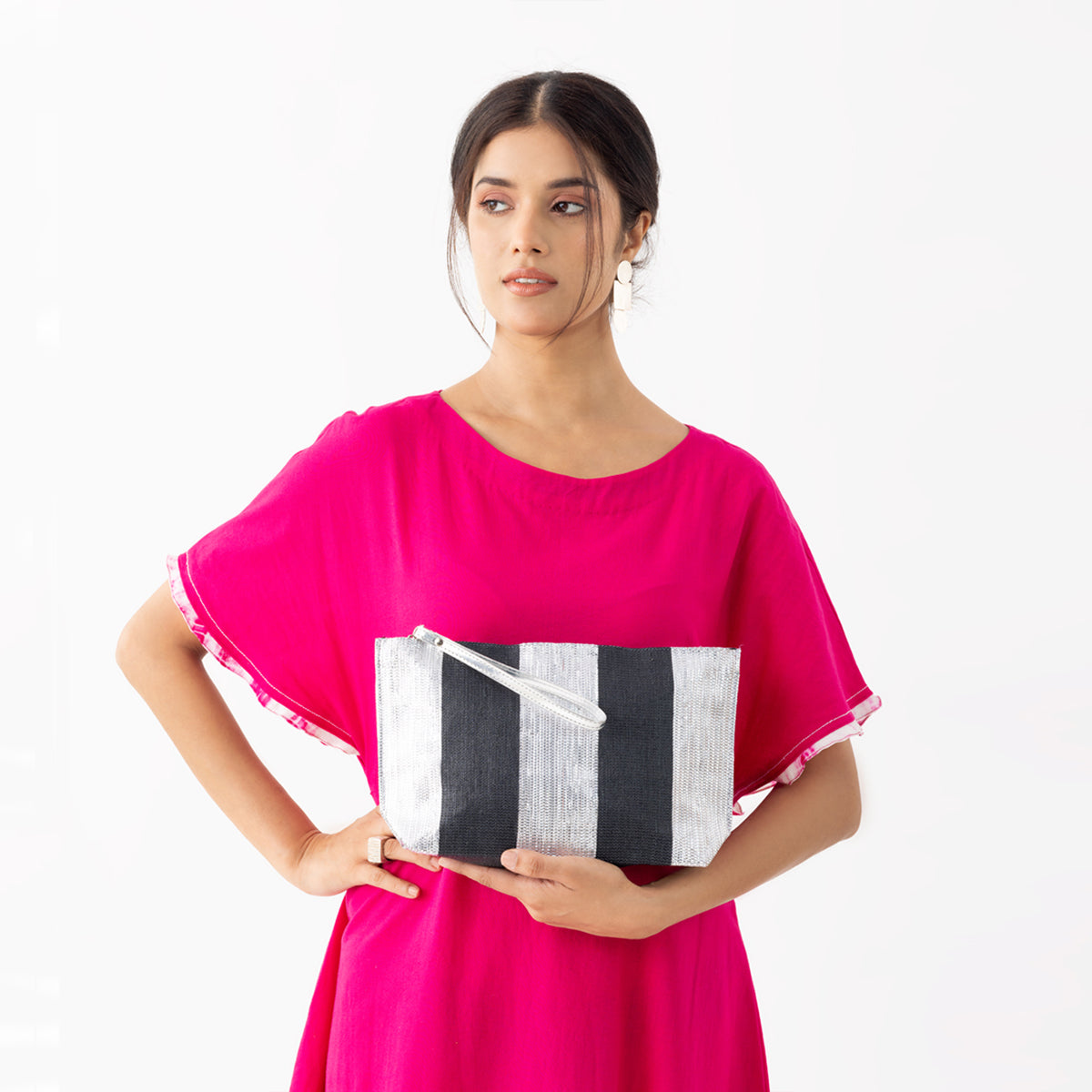 Black Silver Bands Metallic Clutch