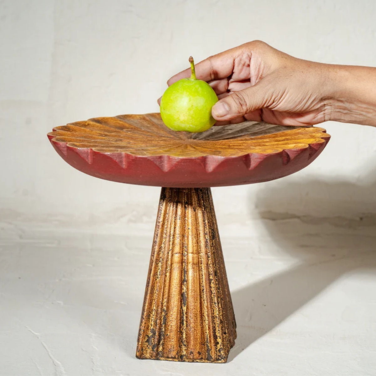 Mogra Wooden Cake Stand | Antique Gold & Red | 10.25 Inch