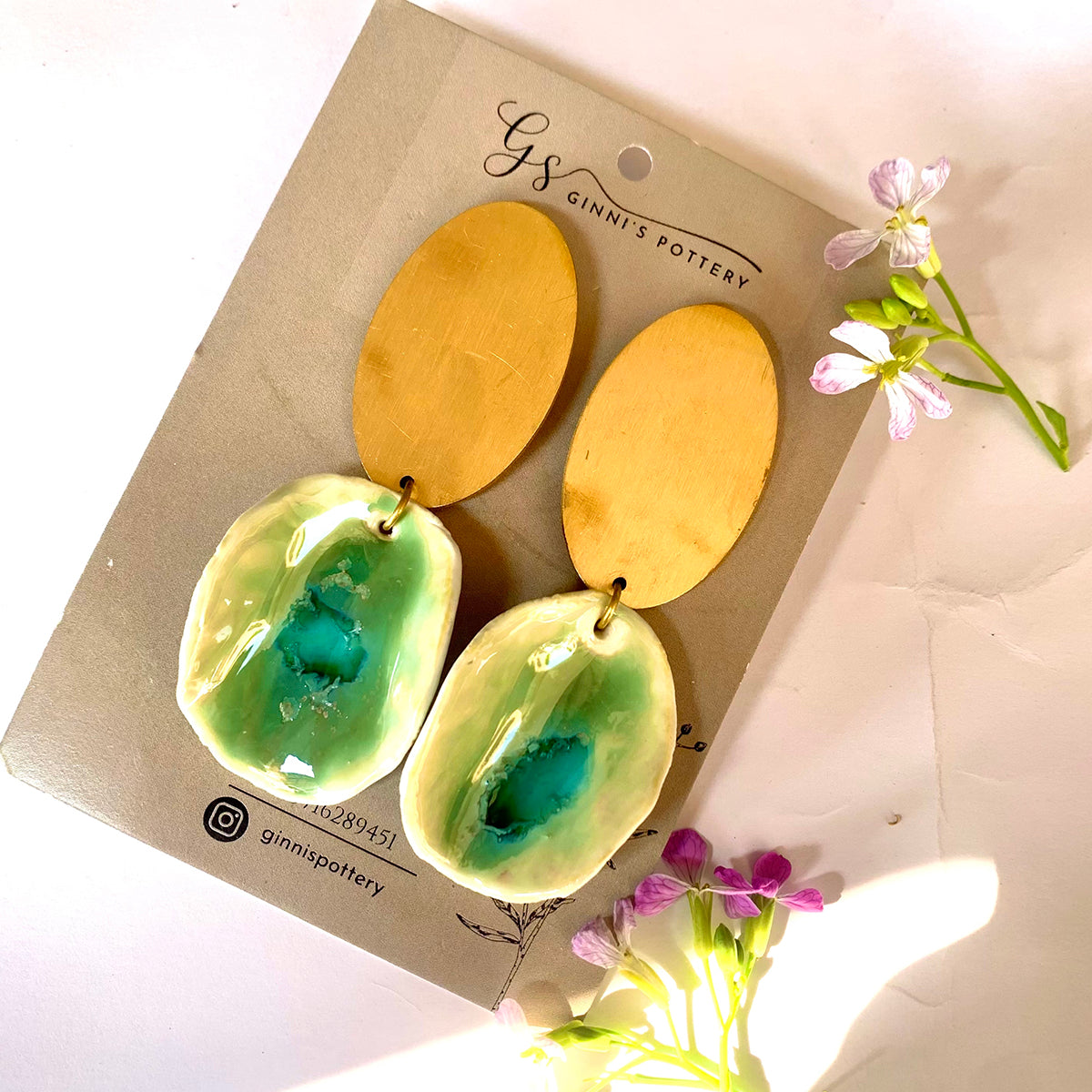 Green Ceramic Stud With Custom Brass Oval