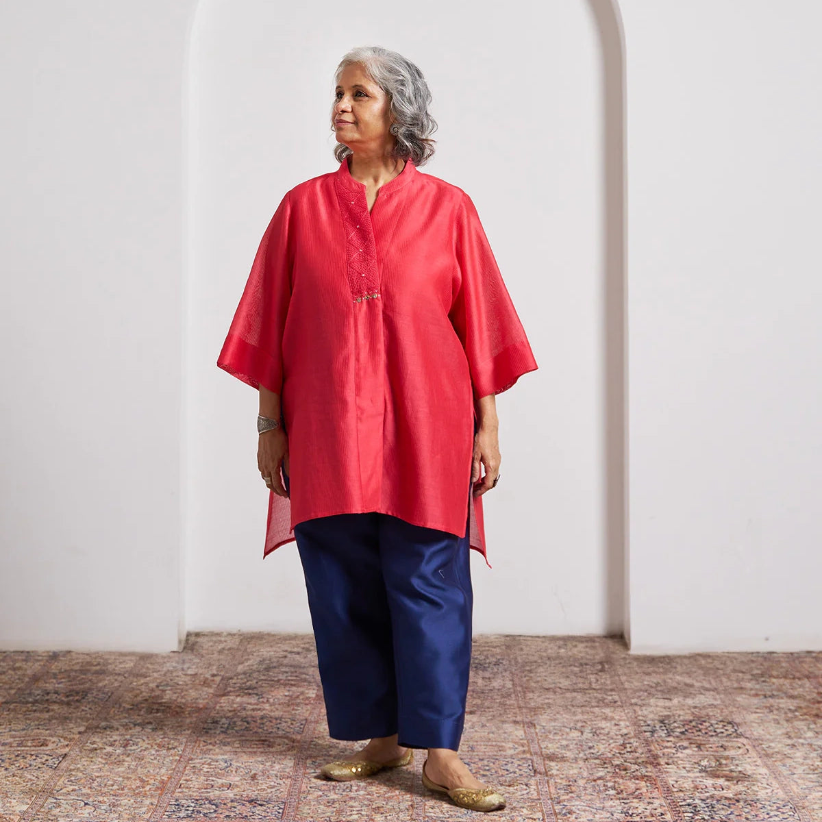 Watermelon Red Striped Chanderi Anti-Fit Top with Handwork