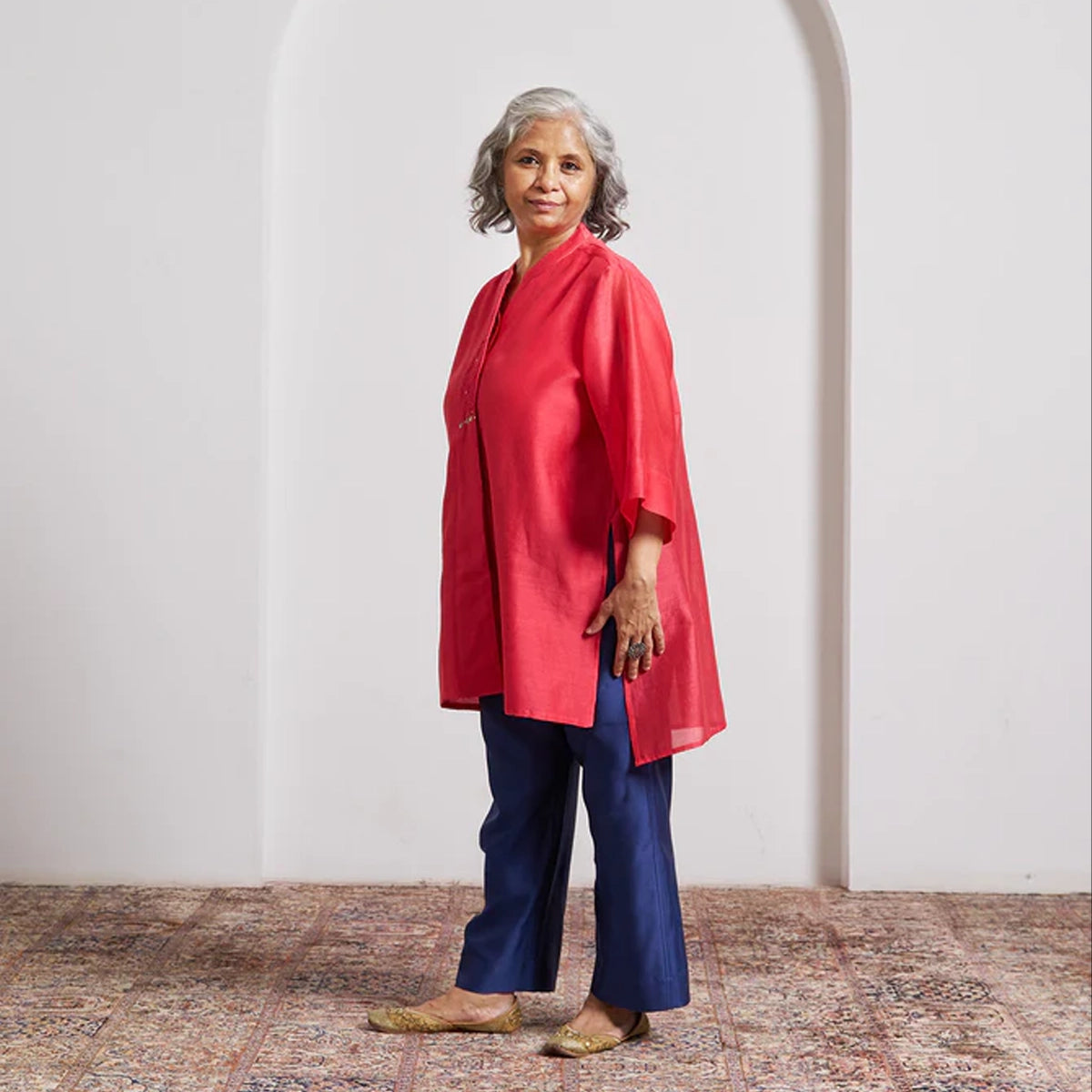 Watermelon Red Striped Chanderi Anti-Fit Top with Handwork