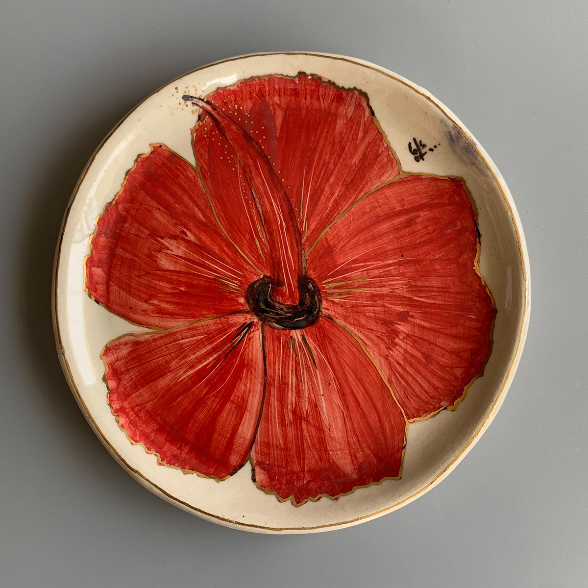 Handpainted Quarter Plate | Hibiscus Flower | Finished with 22 Carat Gold