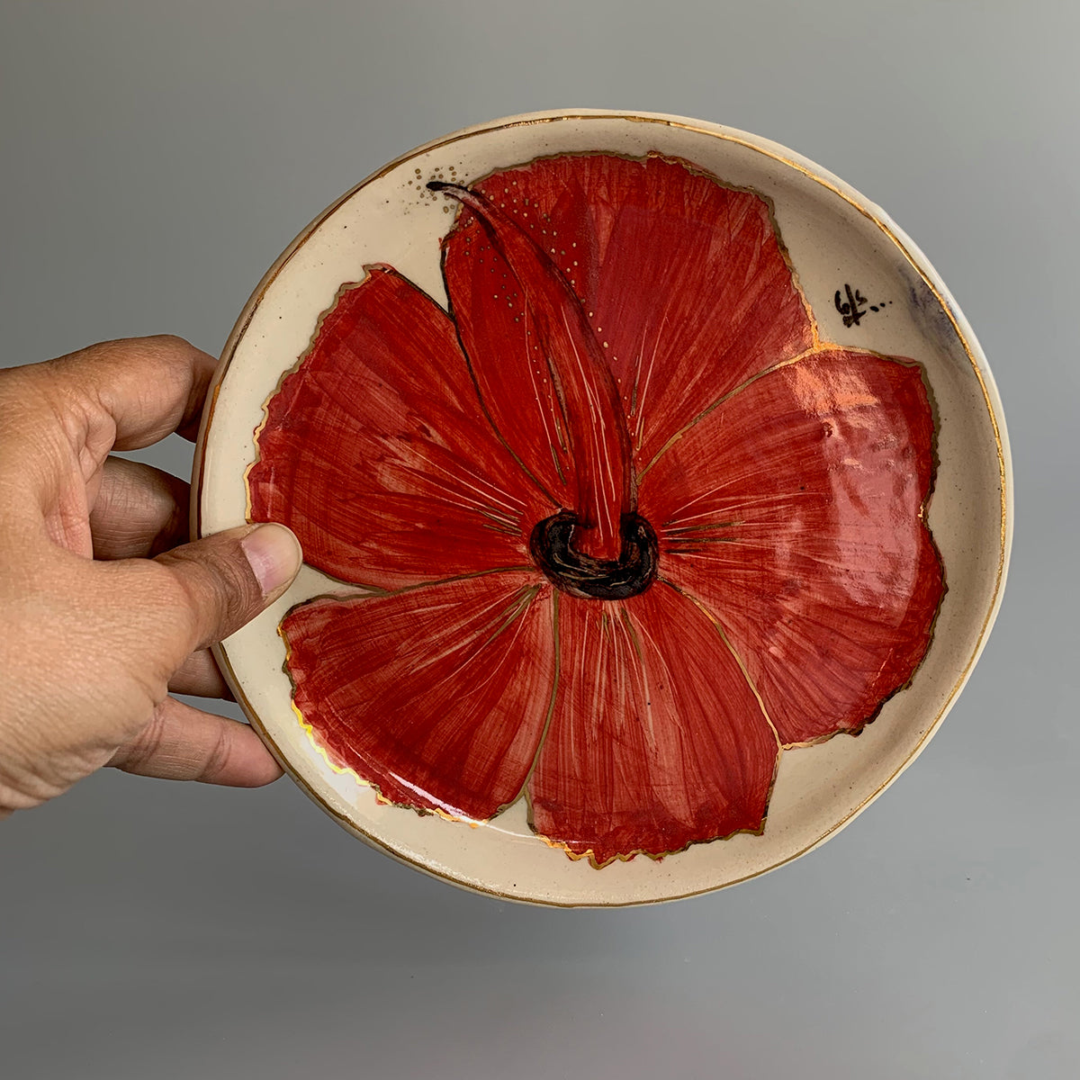 Handpainted Quarter Plate | Hibiscus Flower | Finished with 22 Carat Gold