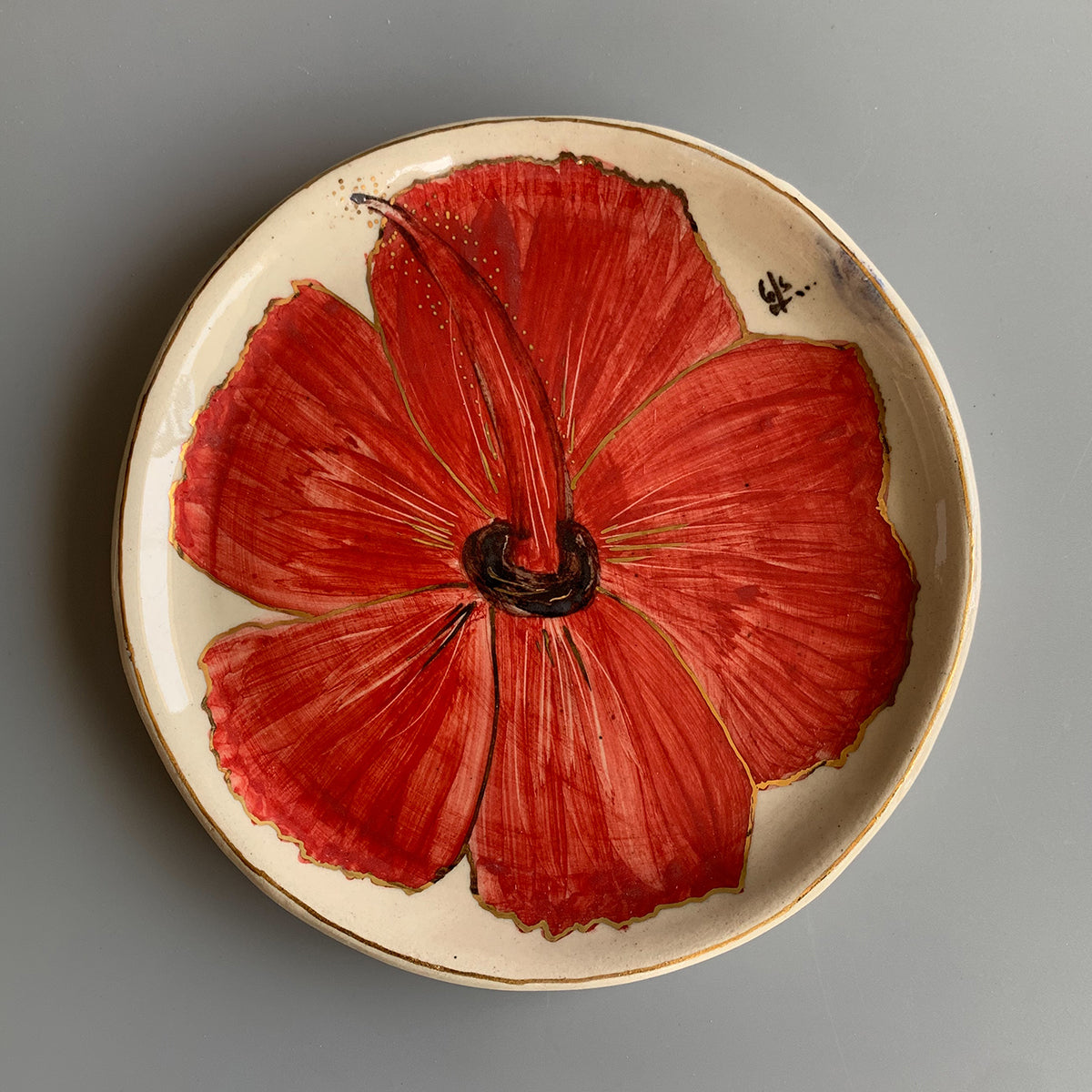 Handpainted Quarter Plate | Hibiscus Flower | Finished with 22 Carat Gold