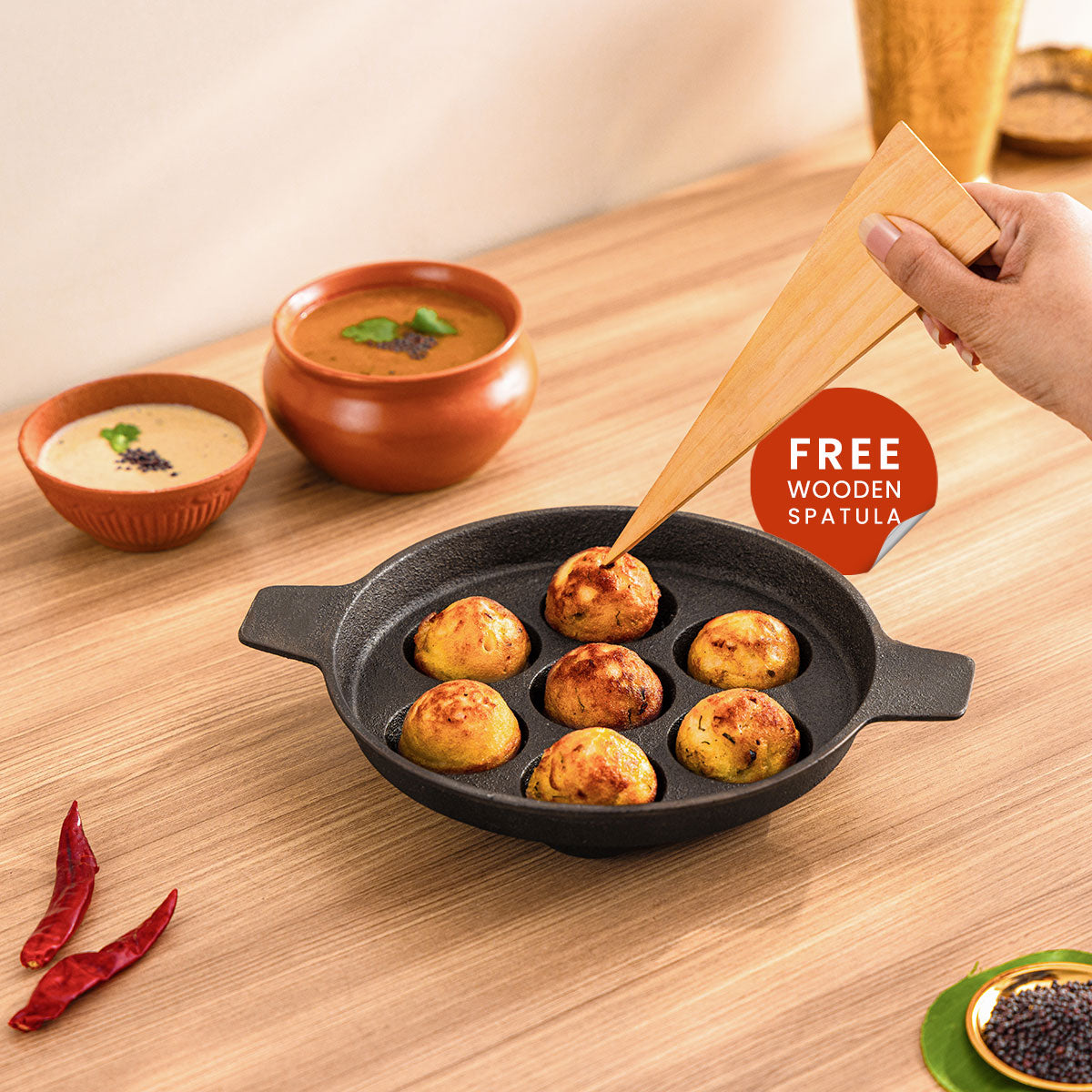 Cast Iron Paniyaram Pan with Wooden Ladle | Pre-seasoned | 7.4 Inches