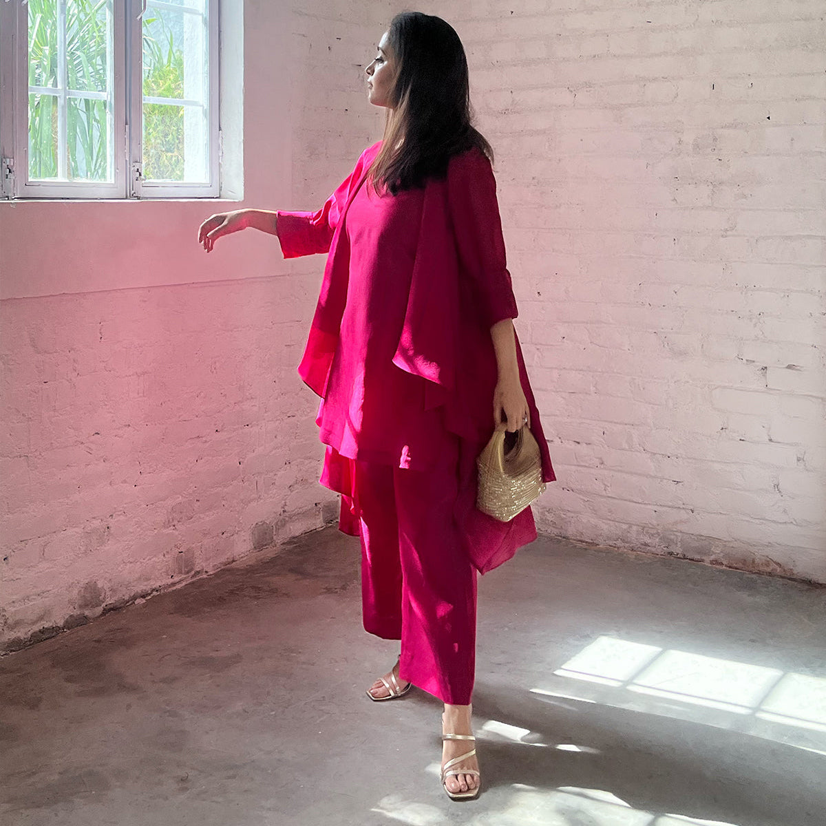 Handwoven Silk Chanderi Waterfall Jacket Ensemble | Rani Pink