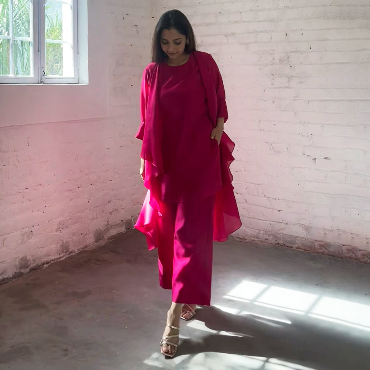 Handwoven Silk Chanderi Waterfall Jacket Ensemble | Rani Pink