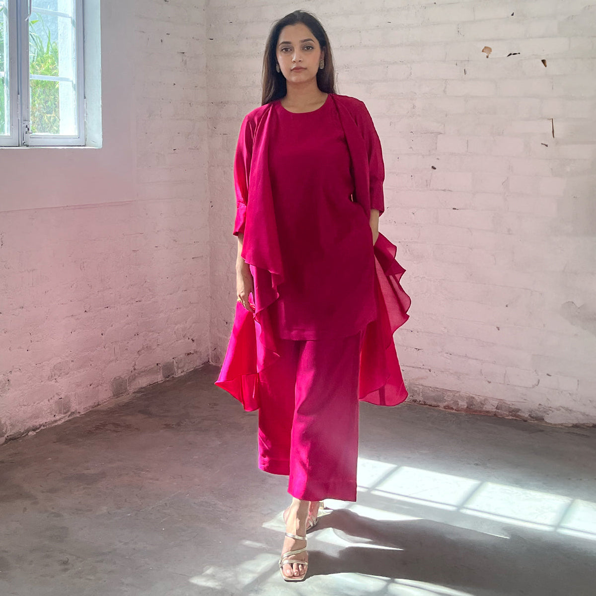 Handwoven Silk Chanderi Waterfall Jacket Ensemble | Rani Pink