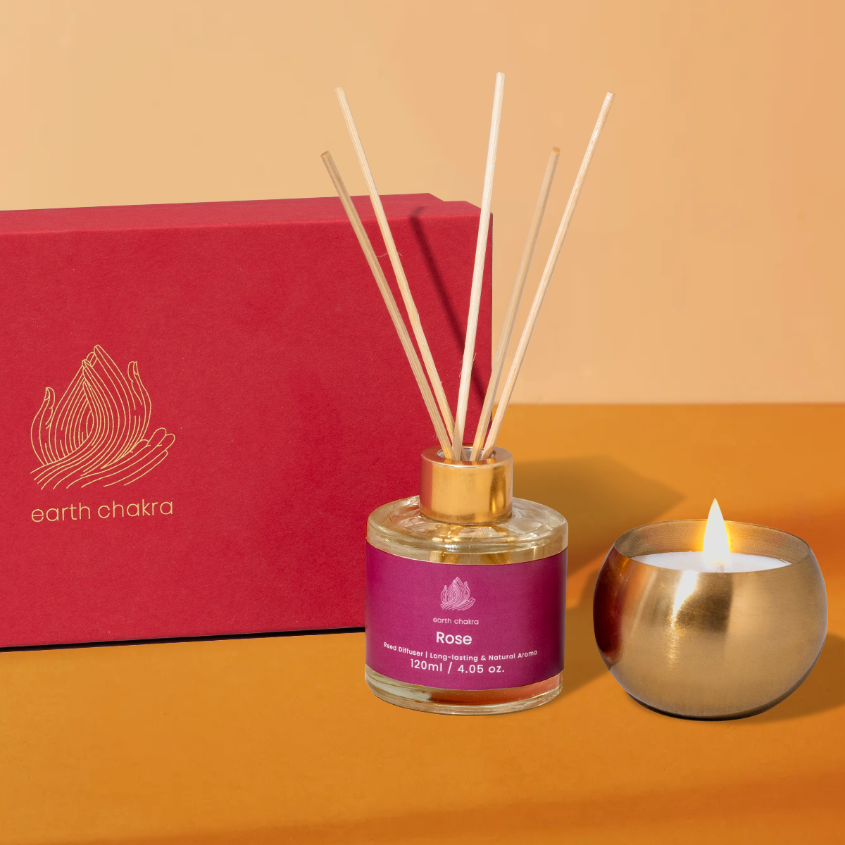 Rose Reed Diffuser & Brass Candle | Set of 2 | Aromatherapy Gift Box | Gift Hamper