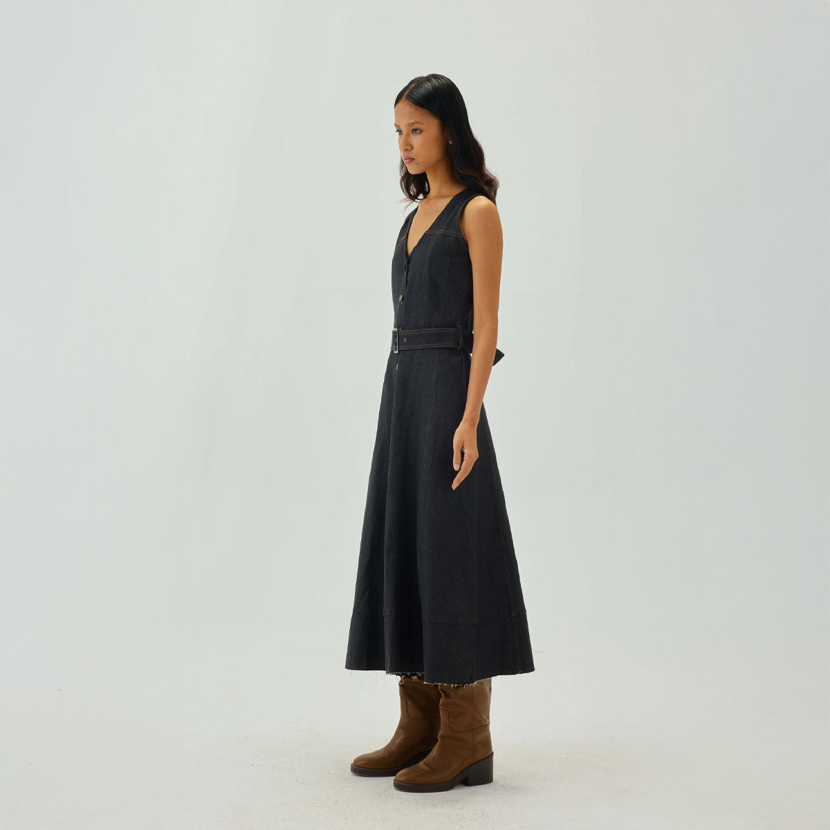 Denim Top Stitch Belted Midi Dress | Graphite