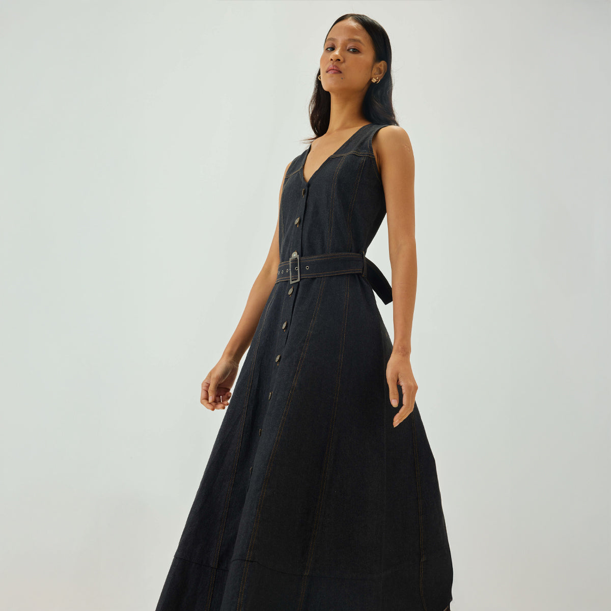 Denim Top Stitch Belted Midi Dress | Graphite