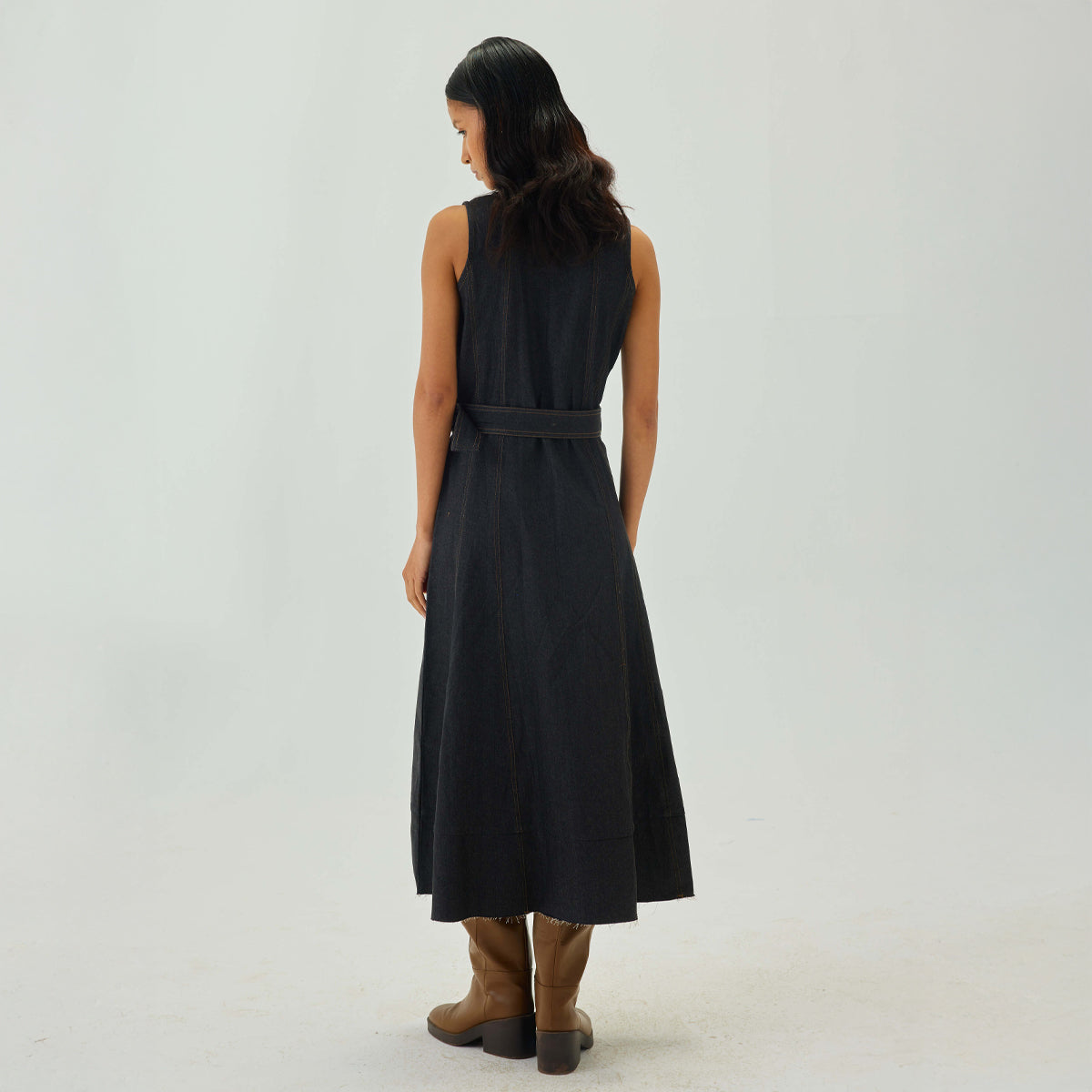Denim Top Stitch Belted Midi Dress | Graphite