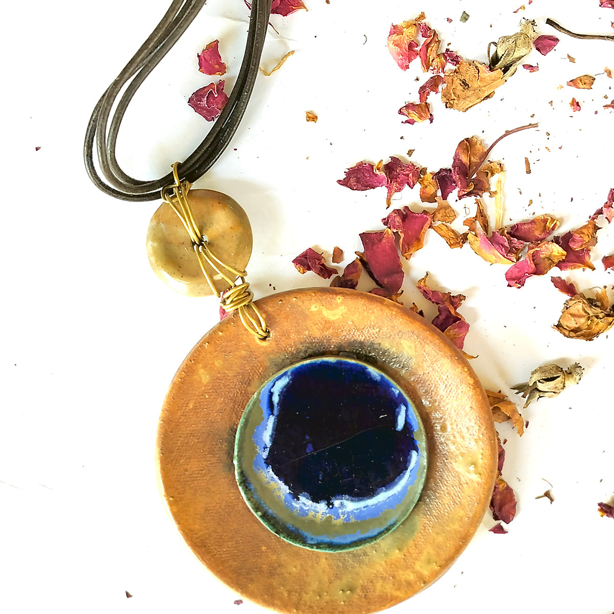 Saher Collection-Mustard And Blue Ceramic Pendant With Leather Cord
