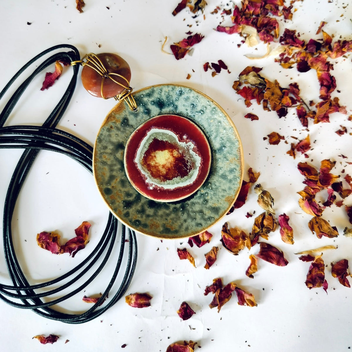 Saher Collection-Red And Gray Ceramic Pendant With Leather Cord