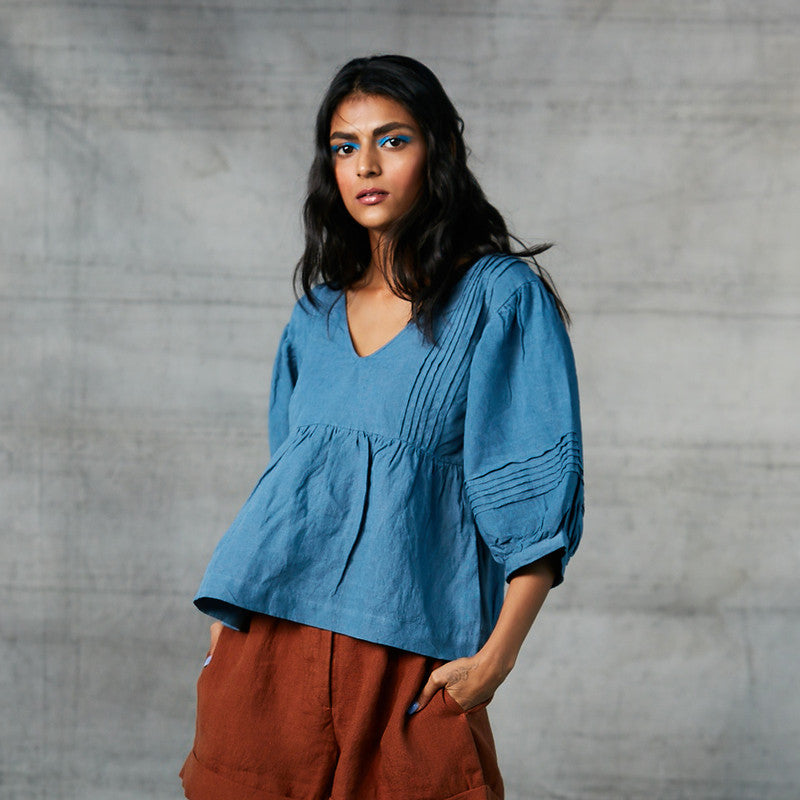 100% Linen Peasant Top | Blue