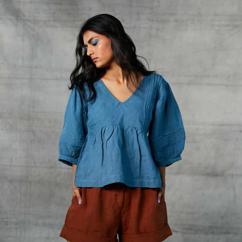 100% Linen Peasant Top | Blue