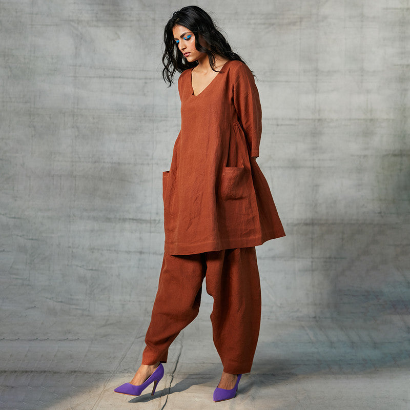 100% Linen Panelled Kurta Set | Brown