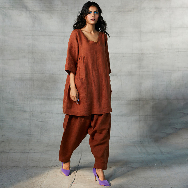 100% Linen Panelled Kurta Set | Brown