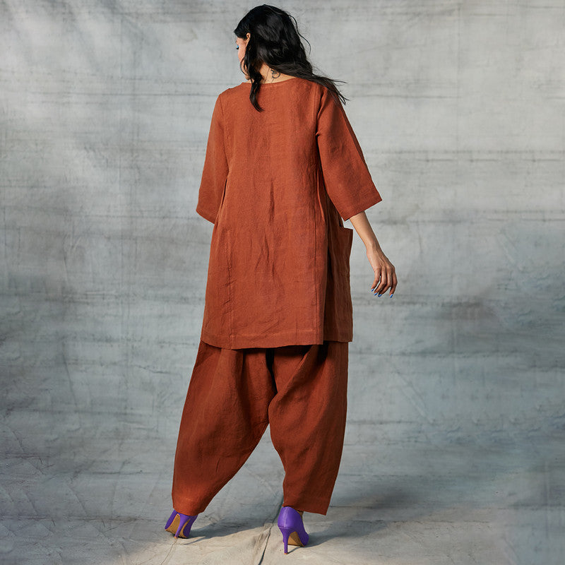 100% Linen Panelled Kurta Set | Brown