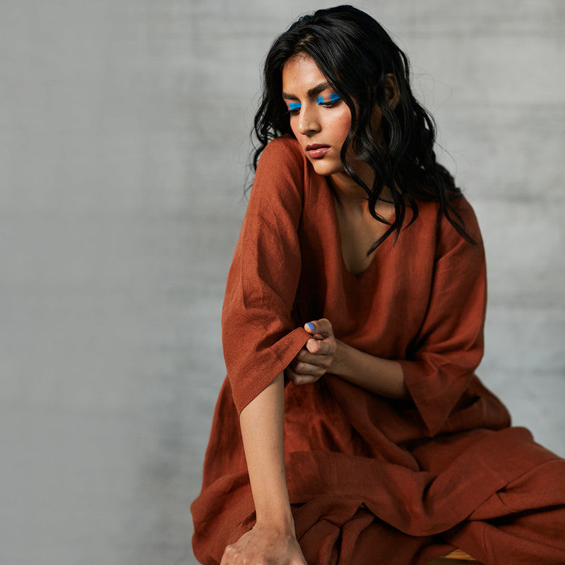 100% Linen Panelled Kurta Set | Brown