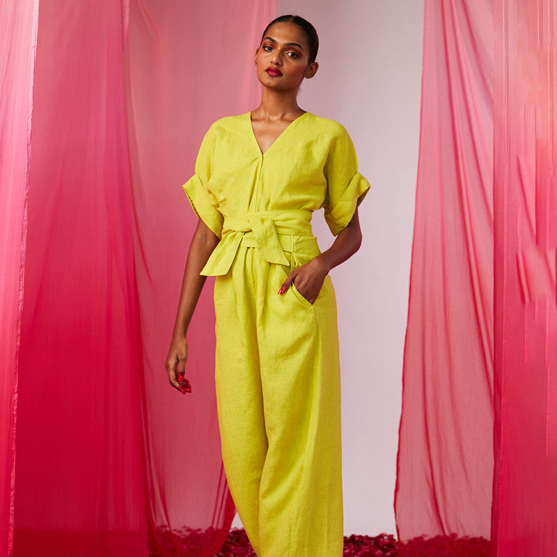 Linen Jumpsuit For Women | Half Sleeves | Lime Green