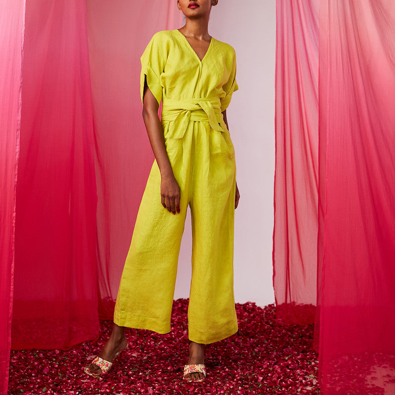 Linen Jumpsuit For Women | Half Sleeves | Lime Green