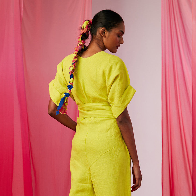 Linen Jumpsuit For Women | Half Sleeves | Lime Green