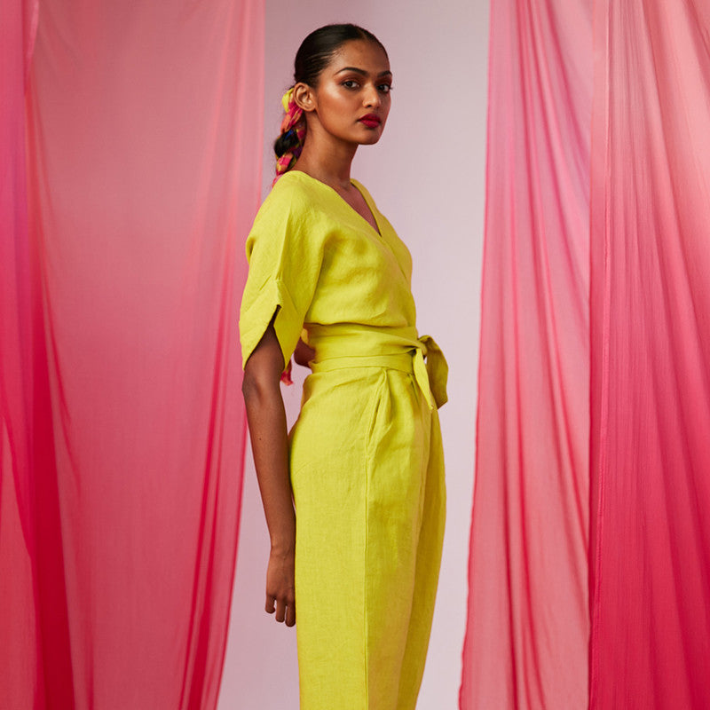 Linen Jumpsuit For Women | Half Sleeves | Lime Green