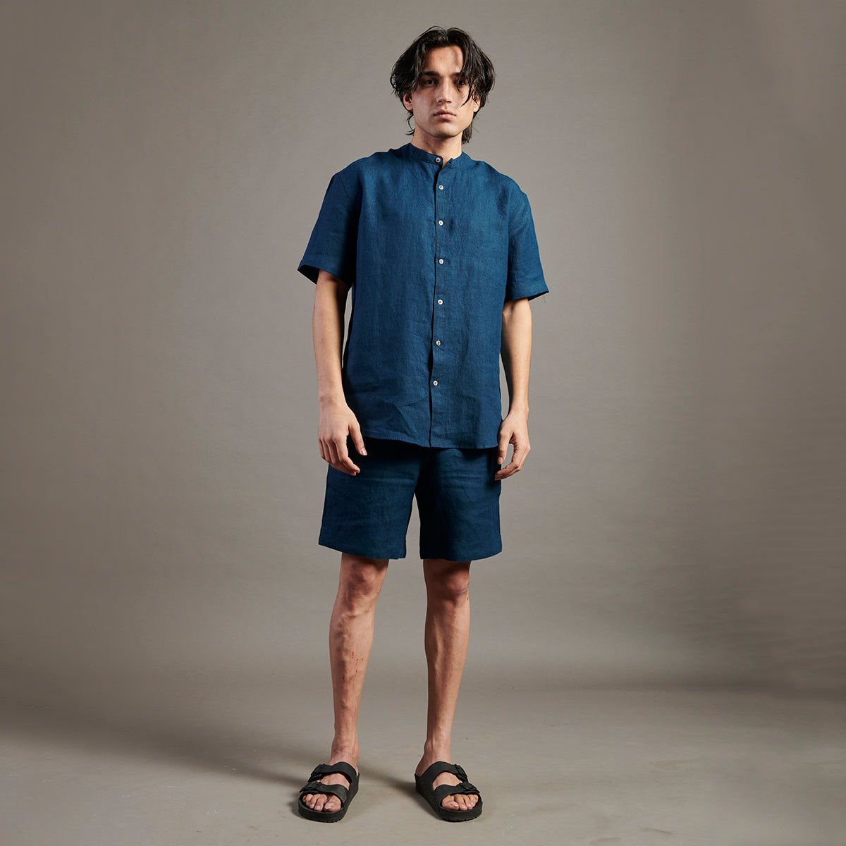 Indigo Linen Half Sleeves Band Collar Shirt
