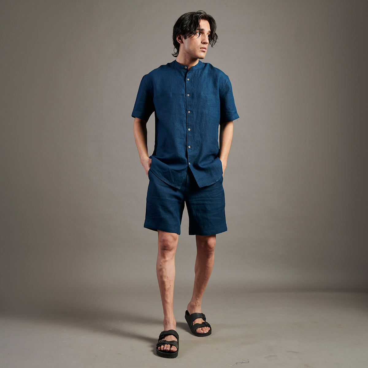 Indigo Linen Half Sleeves Band Collar Shirt