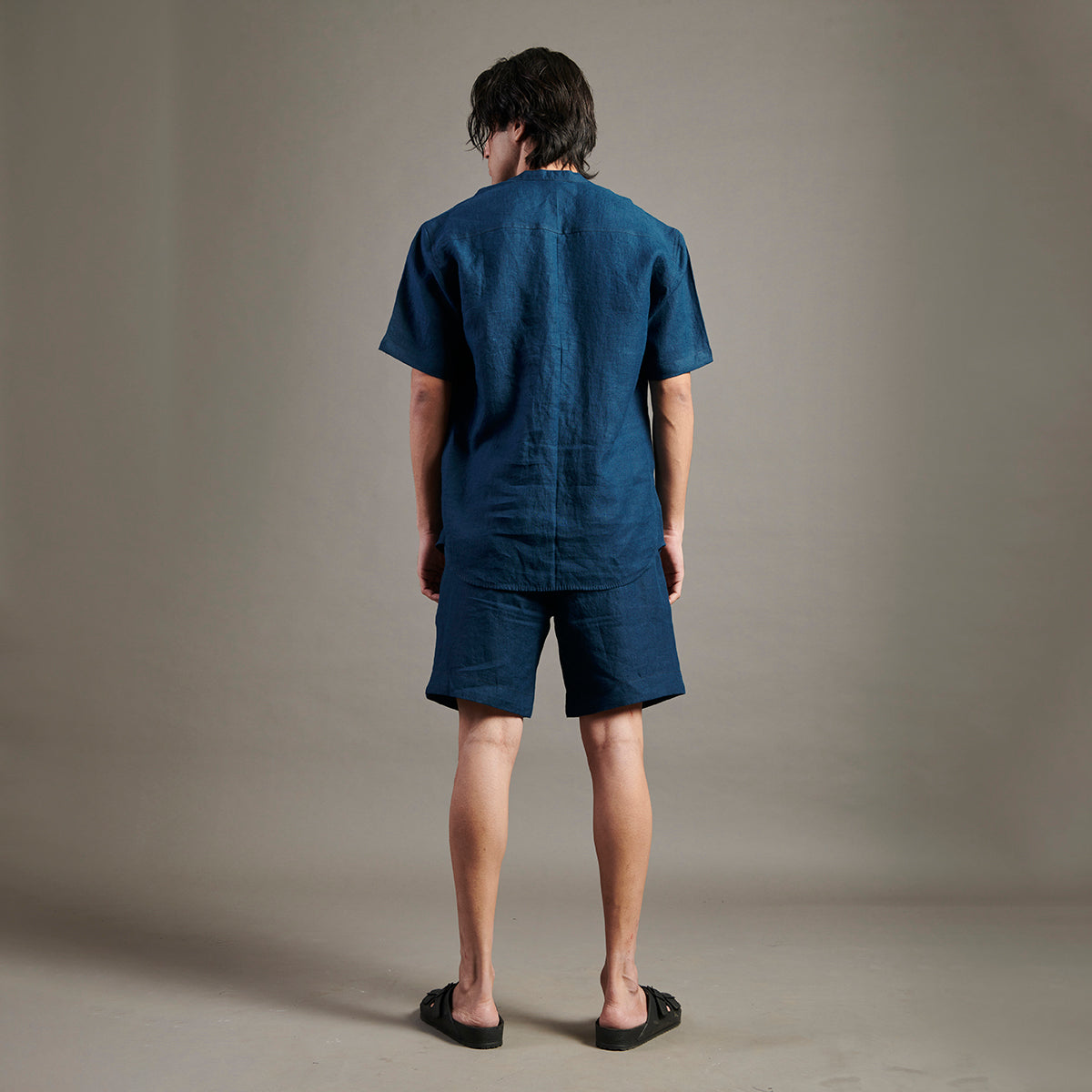 Indigo Linen Half Sleeves Band Collar Shirt