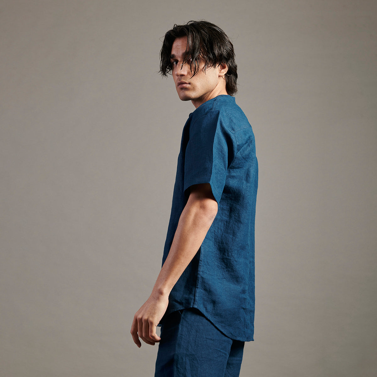 Indigo Linen Half Sleeves Band Collar Shirt
