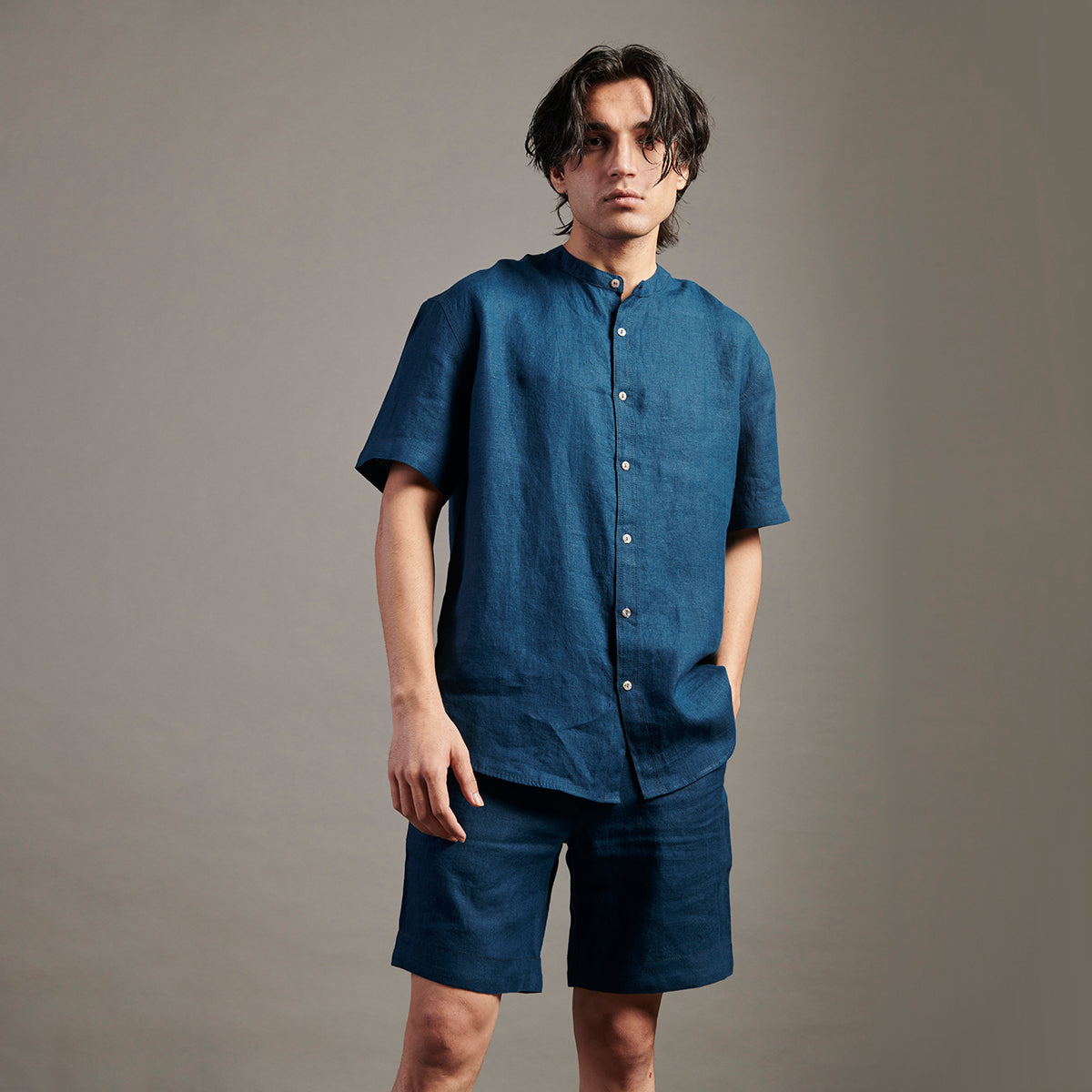 Indigo Linen Half Sleeves Band Collar Shirt