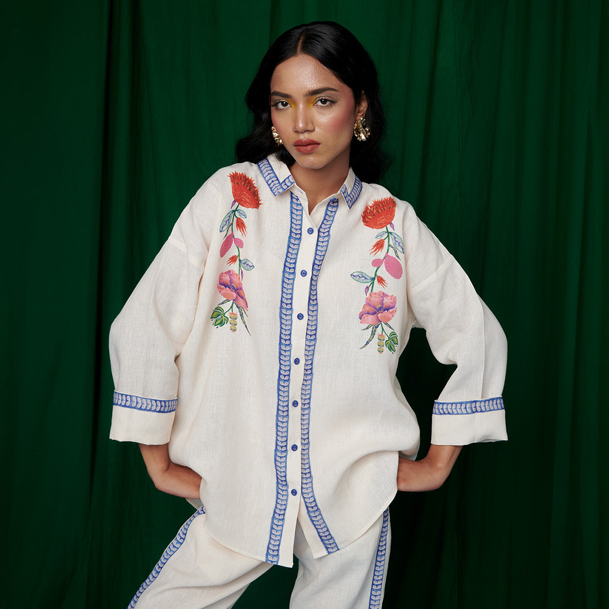 Foliage Linen Oversized Flared Shirt Set