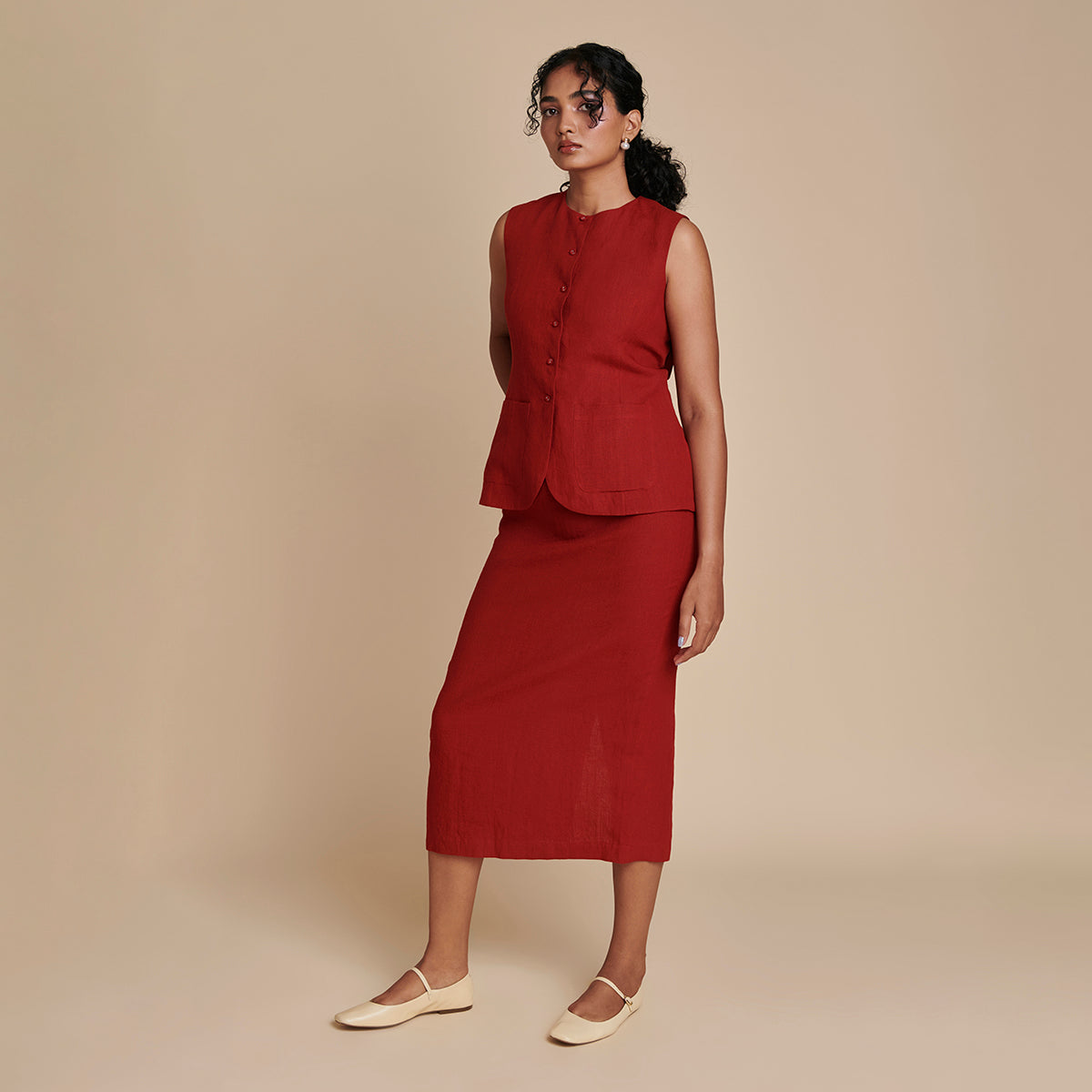 Anaar Linen Vest & Column Skirt Set