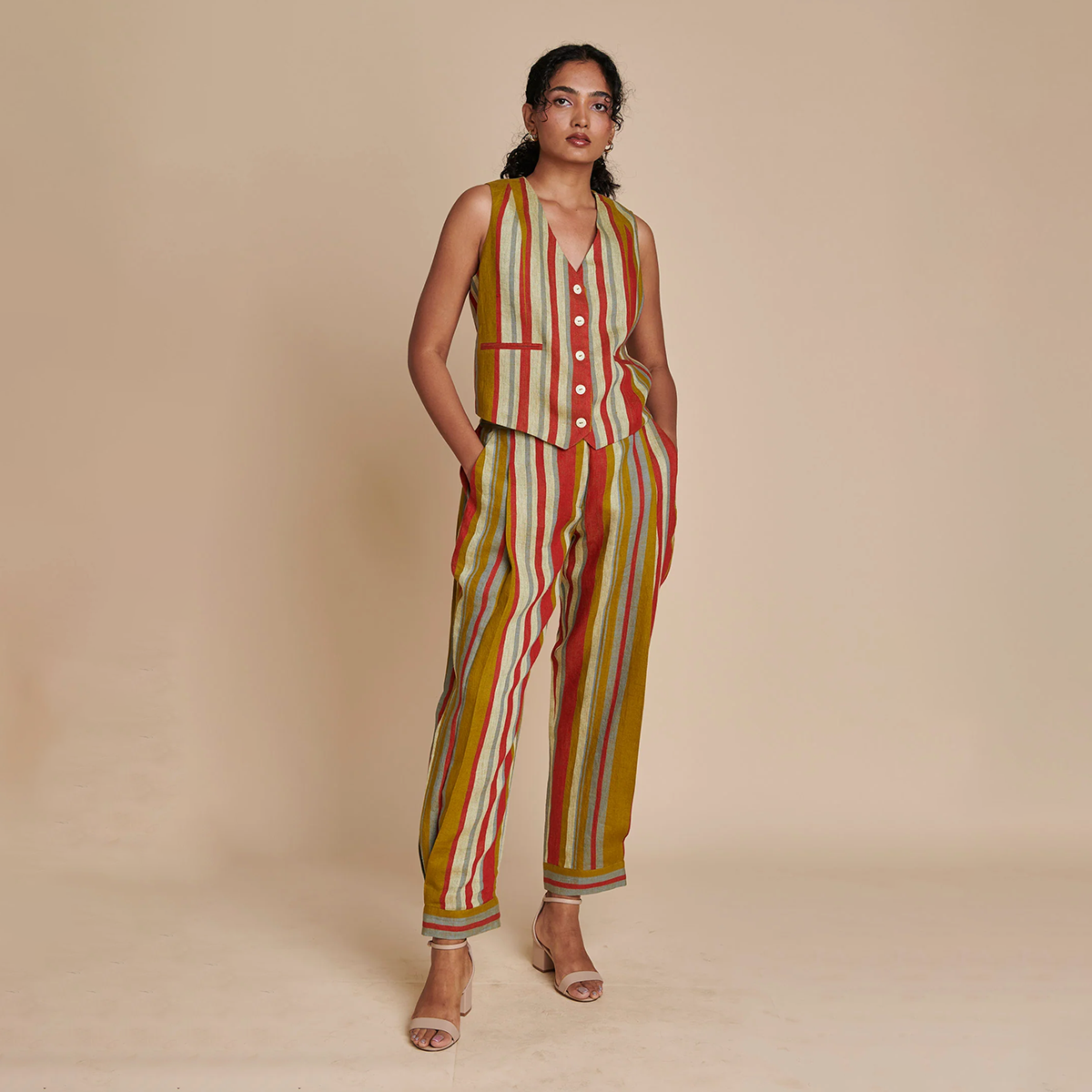 Leher Linen Waist Coat Set