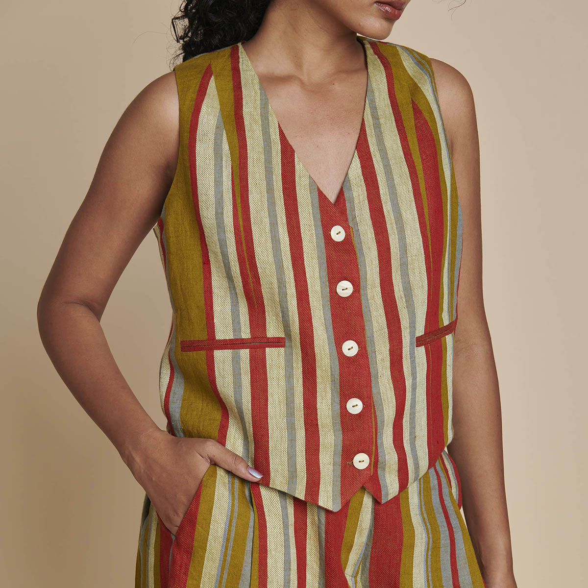 Leher Linen Waist Coat Set