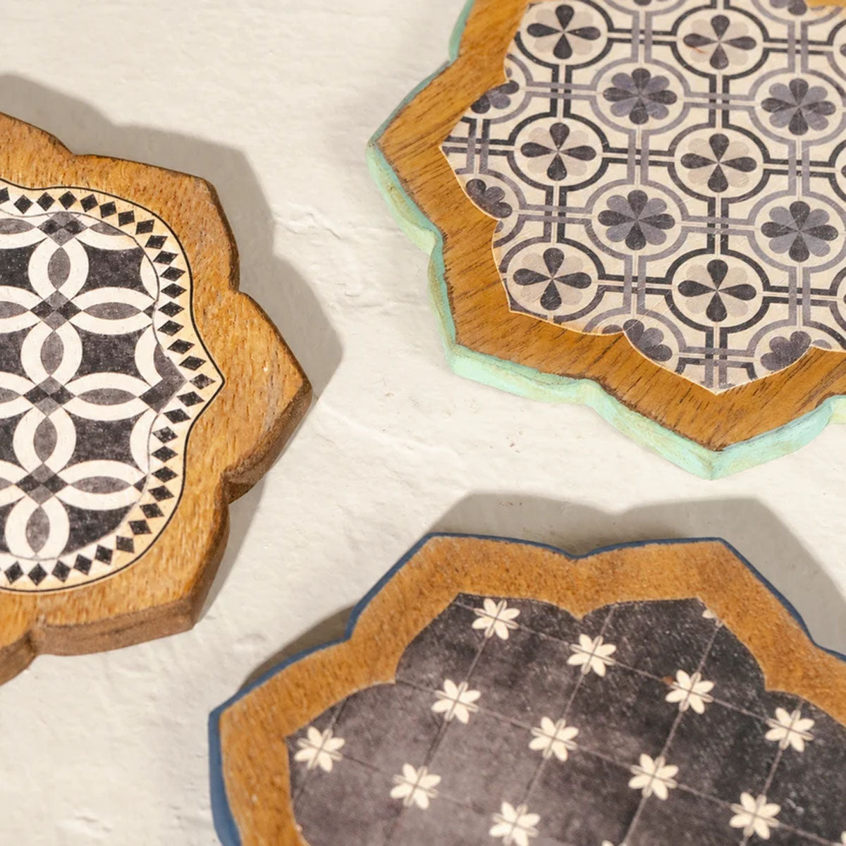 Kasida Wooden Coasters | Blue Embroidery-Inspired | Set of 6